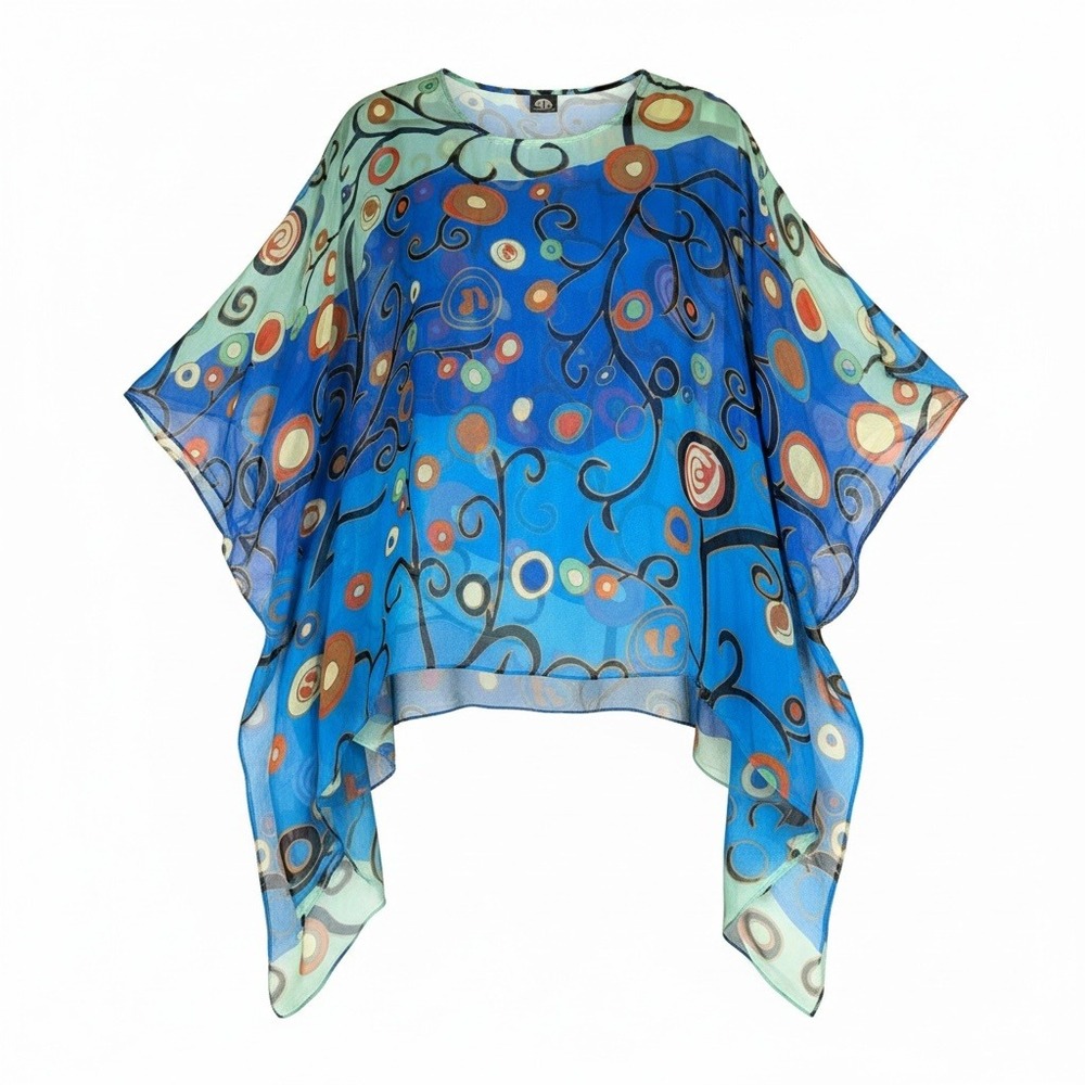 Cocoon House Handmade Silk Kimono Poncho Top Blue Abstract Art Print Coverup